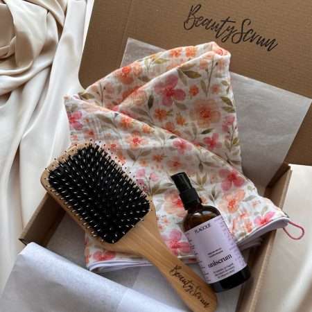 Zestaw do pielęgnacji włosów: turban, szczotka, serum multifunkcyjne 100ml